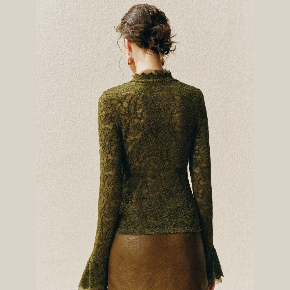 Olive Green Lace Mock Neck Top with Flounce Cuffs - Picture 7 of 8